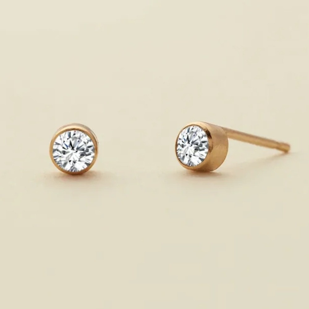 Gold Stainless Steel 4mm Cubic Zirconia Bezel Stud Earrings April Birthstone